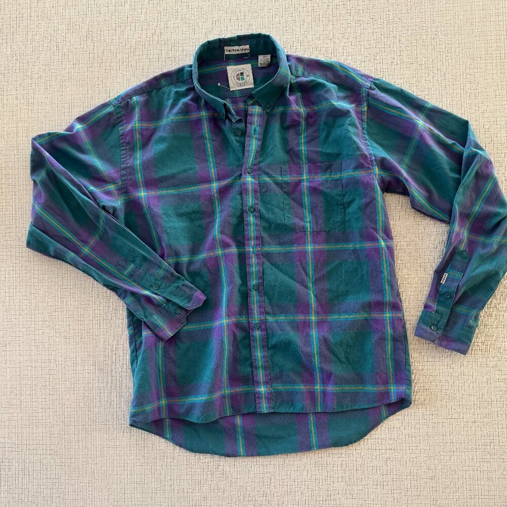 Vintage Men's Chauvin Teal & Purple Plaid Button Down Shirt, XL AS IS